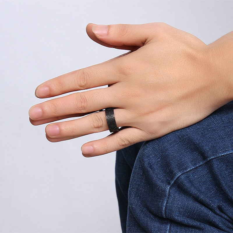 Stainless Carved CROSS Carbon Fiber Rose Gold Plated RING