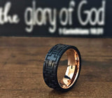 Stainless Carved CROSS Carbon Fiber Rose Gold Plated RING