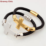 Christian Black Leather Cross Bracelet Silver / Gold