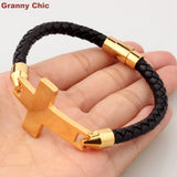 Christian Black Leather Cross Bracelet Silver / Gold